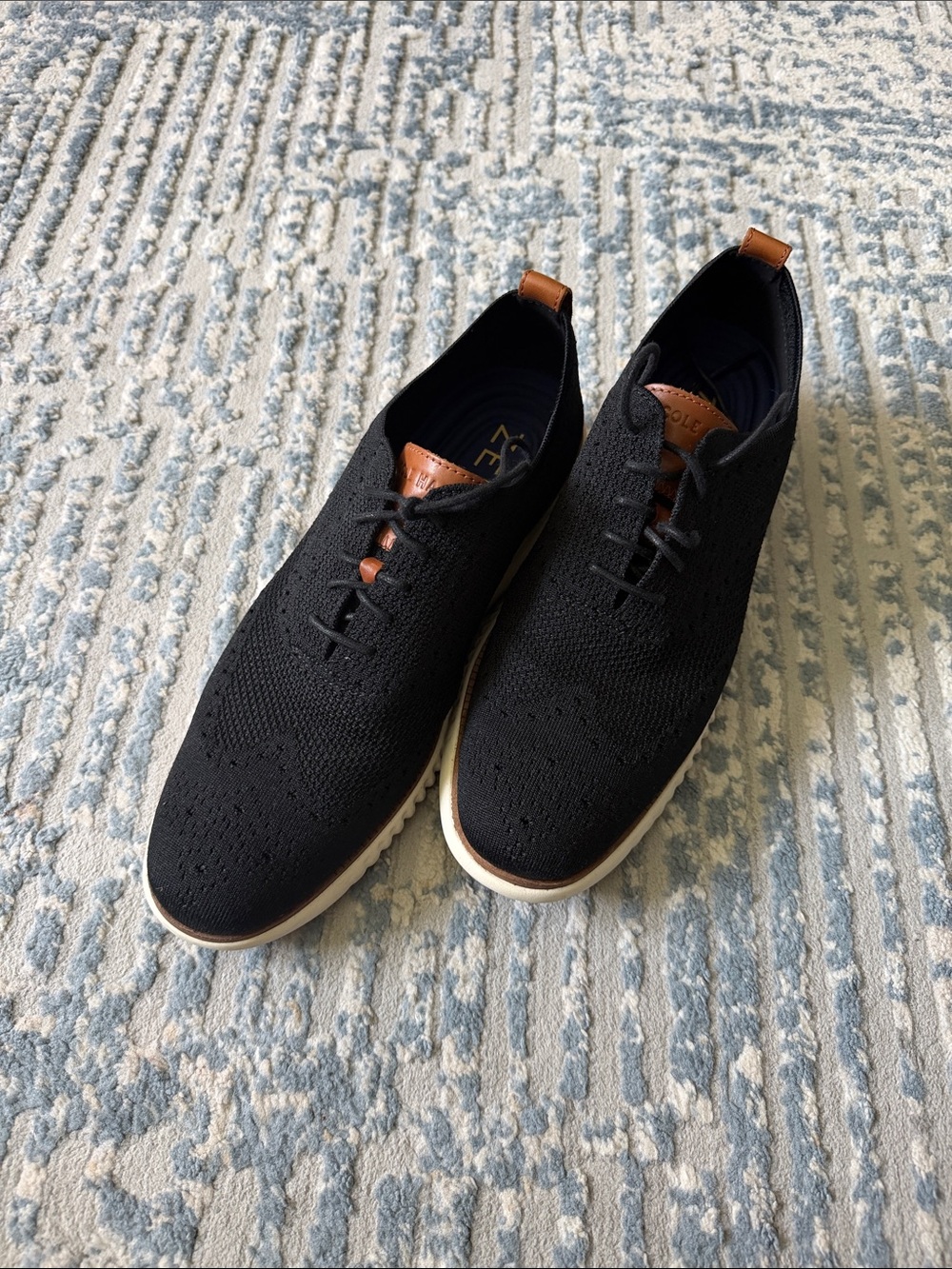 Cole Haan Black Knit Derby Shoes with Brown Leather Accents